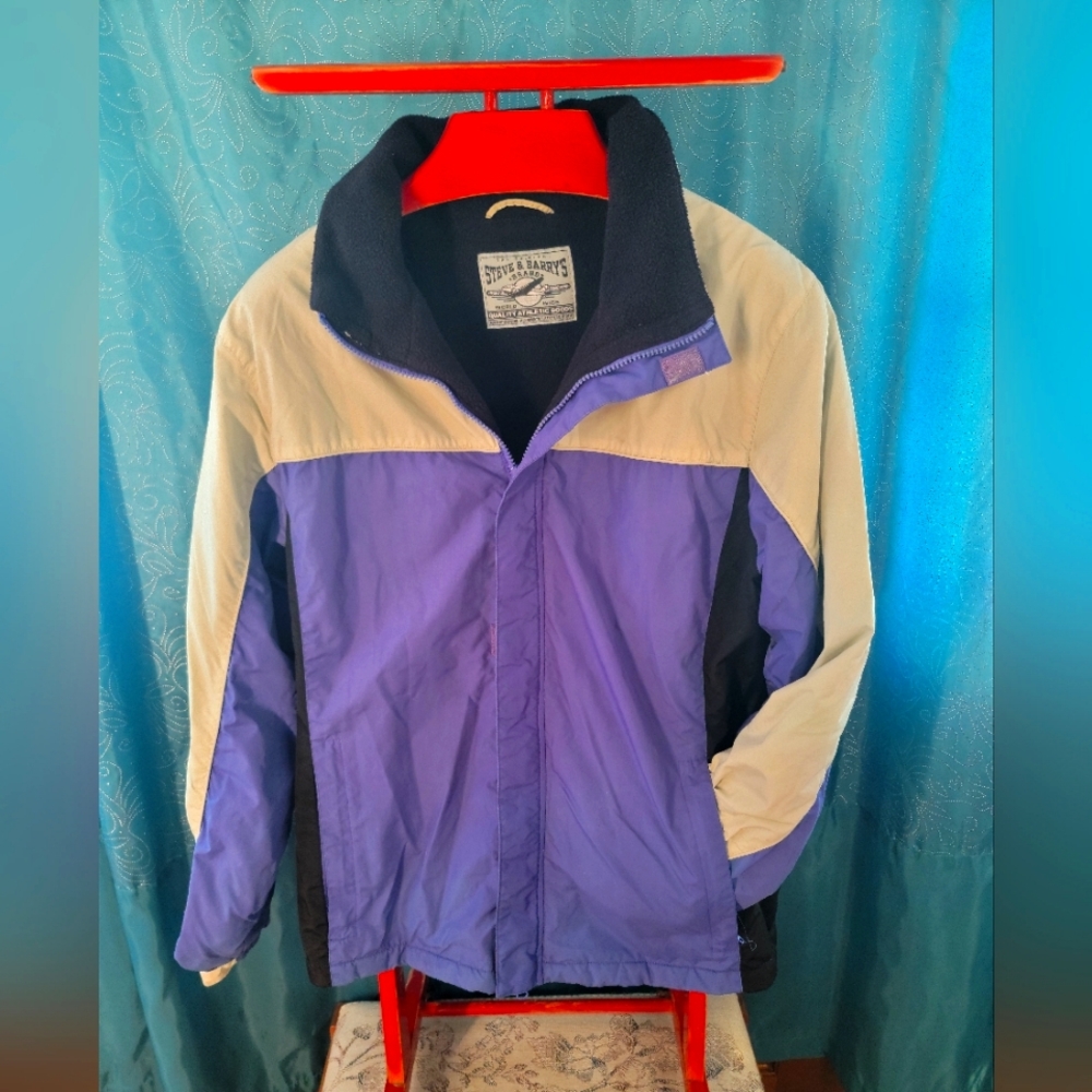 *SOLD* 90s Men's Stadium Jacket, Full-Zip, Size XXL, Beige/Purple, Hidden Hood